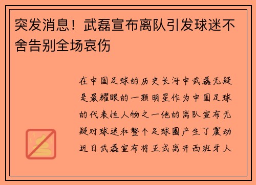 突发消息！武磊宣布离队引发球迷不舍告别全场哀伤