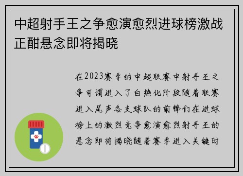 中超射手王之争愈演愈烈进球榜激战正酣悬念即将揭晓 中超射手王之争愈演愈烈进球榜激战正酣悬念即将揭晓